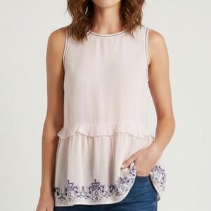 TRISTAN Soft Pink Cotton Top with Navy Stitching Small Boho Embroidery Peplum